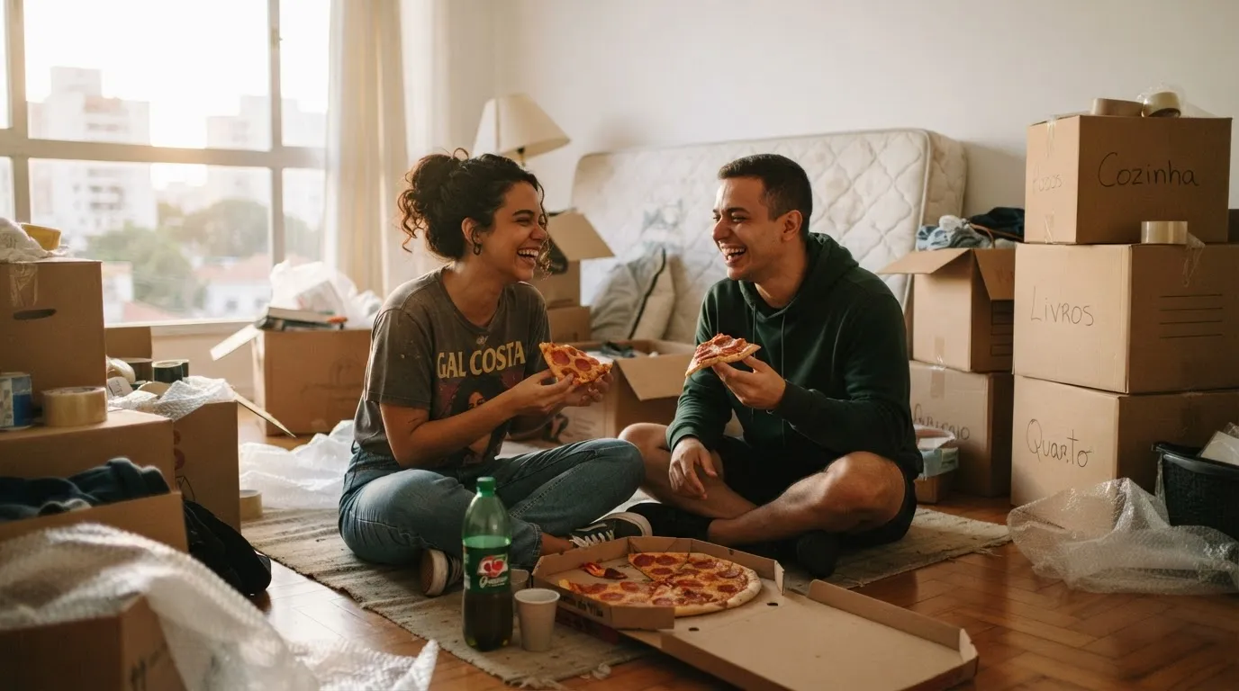 Casal sentado no chão da sala nova entre caixas de mudança, dividindo uma pizza